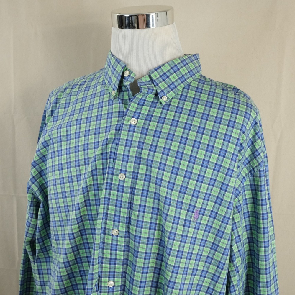 Ralph Lauren 3XB Big Button Down Shirt Green Blue Plaid Cotton Stretch Mens